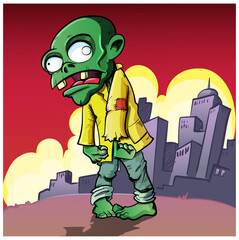 Cartoon zombie with a cityscape in the background