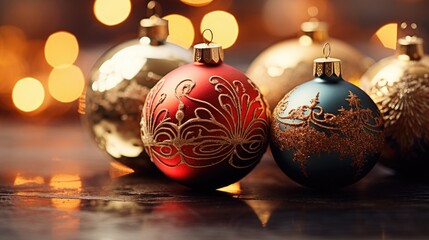  close-up arrangement of Christmas balls, on a Christmas tree branch Christmas card Merry Christmas and Happy New Year background - obrazy, fototapety, plakaty