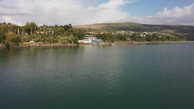 Aerial video over the Sea of Galilee in northern Israel on a sunny day
