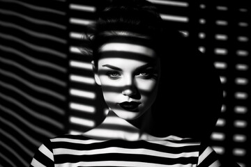 Black and white photo of woman's face with shadow on the wall. - Powered by Adobe