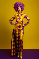 Woman in yellow and purple suit and purple hair stands in front of yellow background.