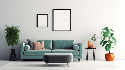 Front view of a modern luxury living room. Light blue wall with poster templates, comfortable couch with cushions, ottoman, coffee table, green plants in floor pots, home decor. Mockup, 3D rendering.
