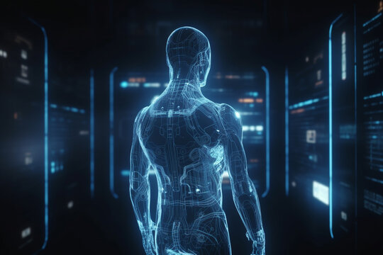 Robot with a magnifying glass on a dark background. 3d rendering