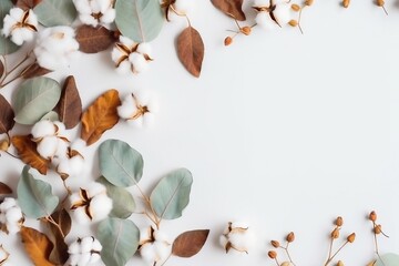 Autumn composition. Frame made of eucalyptus branches, cotton flowers, dried leaves on pastel gray background. Autumn, fall concept. created generative ai. - obrazy, fototapety, plakaty