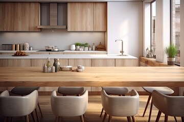 Fototapeta na wymiar A rendering of a modern contemporary kitchen room with a wooden table top against a blurred background.