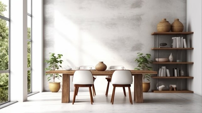 Minimalist composition of loft style dining room interior. Gray concrete walls, wooden table, design chairs, houseplants, table decor, rack, panoramic windows. Mockup, 3D rendering.