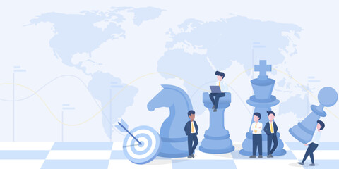 Business strategy concept. Business people planning and setting action, strategy planning, tactical improvement, skill, inspiration, market competition. Flat vector illustration with copy space.