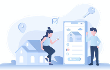 Obraz premium Real estate mortgage market, promotions, advertising, review service, customer satisfaction, property survey. Flat vector design illustration.