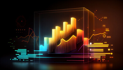 Business economic charts with light effects, neon. Abstract neon background, growth and fall analytics,   illustration of a market chart, Ai generated image 