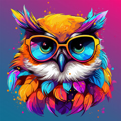 Colorful owl with glasses and mustache on blue and pink background.