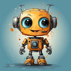 Orange robot with big eyes and headphones is standing in front of blue background.