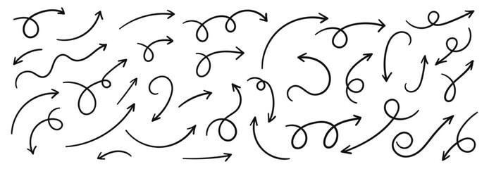 Hand drawn arrows collection Set simple flat arrows isolated on white background. Arrow mark icons and arrow paint. Stock vector. EPS10.