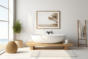Fototapeta na wymiar Photo of contemporary white bathroom with bathtub and home decor on wooden table.