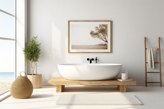 Photo of contemporary white bathroom with bathtub and home decor on wooden table.