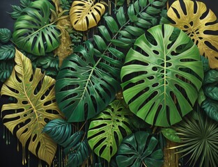 Picture showcasing a collection of tropical green plants like Monstera, fern, and Eucalyptus leaves, highlighted with gold glitter particles. Created with generative AI tools