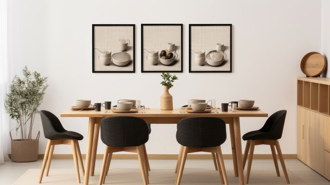 Stylish open space dining room interior in a modern apartment. Wooden table with design chairs, tableware, posters on the wall, commode, green plant in floor pot, home decor. Mockup, 3D rendering.