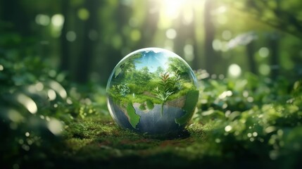 Obraz na płótnie Canvas Transparent crystal sphere in a green forest filled with sunlight. Grass, trees and water are reflected in the glass globe. Protection of water resources concept. Environmental care. 3D rendering.
