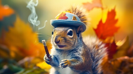 A funny squirrel in a hat with a joint of marijuana against the background of an autumn forest. A beautiful card for Thanksgiving.Generative AI