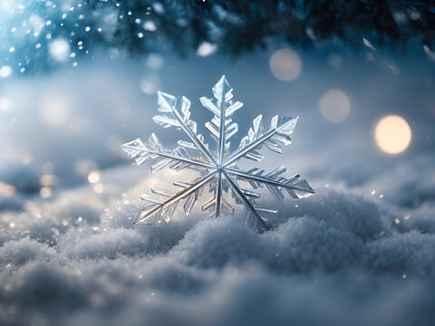 Snowflake Ice Crystal Macro And Snow Falling On A Cold Winter Night