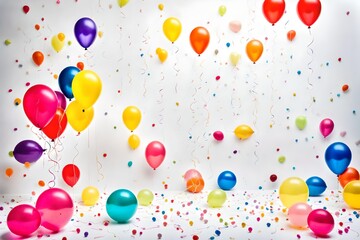 Beautiful happy birthday Background With Balloons, cake with candel and happy birthday texted on it - Generative AI