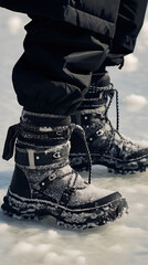 Adventurous black mountain winter boots, inviting you to take a journey into the great outdoors, winter fashion