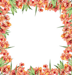 Watercolor hand drawn spring garden full of flowers square frame. Watercolor illustration for scrapbooking. Cartoon hand drawn background with flower for kids design. Perfect for wedding invitation.