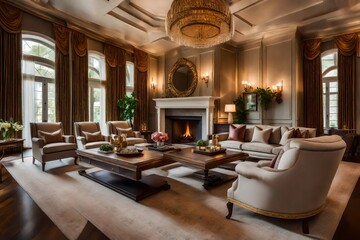 Obraz premium Beautiful interior design, Luxury Interior with fireplace - Generative AI