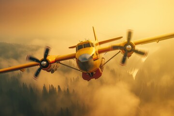 Rescue firefighting aircraft extinguishes forest fire by dumping water on burning pine forest. Orange glow of fire on the background. Saving forests, fighting forest fires. Aerial front view. - obrazy, fototapety, plakaty