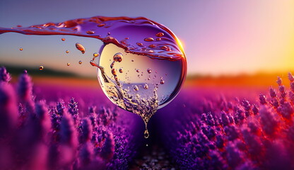 Concept sphere with water and splash on a lavender field.Generative AI