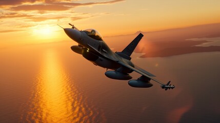 F-16 air force fighter flying over the ocean, beautiful sunset and coastline on the background. Jet military aircraft patrols territory, makes a training flight. Close up aerial view. 3D rendering.