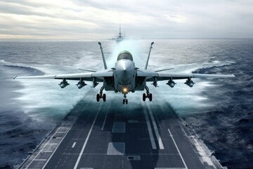 Front view of air force fighter landing on the deck of military aircraft carrier. Cloudy sky and warship fleet on the background. The interaction of the navy and aviation. 3D rendering.