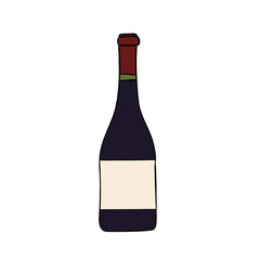 A cartoon hand-drawn wine bottle with an empty label on a white background.