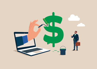 Businessman to paint a dollar symbol. Hand human draws a with green paint and a brush close-up. Vector illustration.