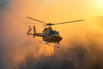 Rescue firefighting helicopter extinguishes a forest fire by dropping a large amount of water on a burning coniferous forest. Saving forests, fighting forest fires. Aerial close-up view. 3D rendering.
