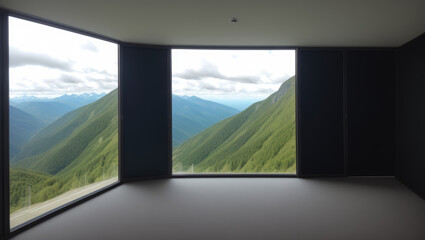 painted black wall empty room with window view through peak of the mountain  - Generative AI