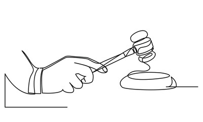 Continuous line drawing of A hand-holding law hammer judge by a single line gavel, judge, justice Black and white background.
