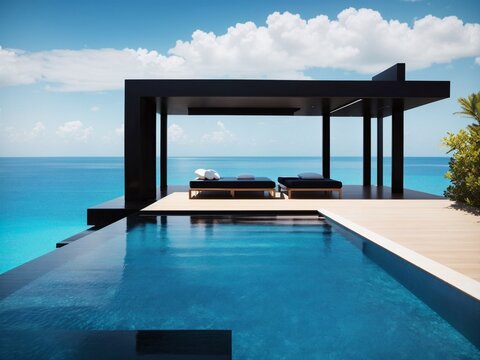 Elevated Serenity: Immerse yourself in the ultimate summer escape with this captivating stock photograph. A luxurious black villa offers an inviting contrast 
