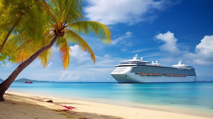 Cruise To Caribbean With Palm tree On Coral Beach Generative AI