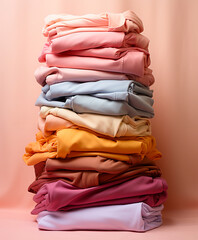 pile of clean and ironed and folded colorful clothes, isolated on a light pink background, created with generative ai