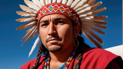 young aged native american indian chief close up portrait in the village - Generative AI