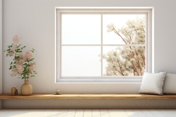 Fototapeta premium Scandinavian interior design featuring a window with a summer landscape in a white empty room.