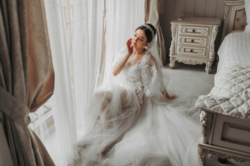 a beautiful girl with a wedding hairstyle and a tiara on her head in a transparent robe is preparing for a wedding in a hotel with a royal interior. Long veil, natural light, portrait photo