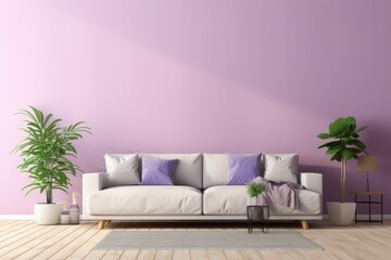 A modern home interior with a bright and empty wall showcasing a horizontal space. The wall is painted in a beautiful lavender color, giving the room a vibrant touch. The design is rendered in