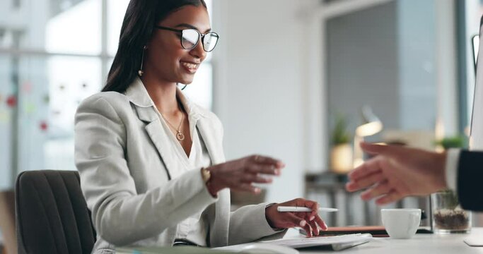 Interview, human resources and handshake, business people in conversation and hiring, b2b and recruitment. Woman HR manager shaking hands, communication and networking, onboarding and collaboration