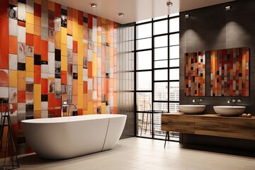 Use multicolor tiles for abstract interior decoration in both matte and glossy finishes.