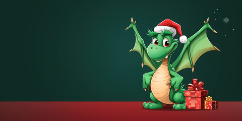 Funny, cheerful cartoon green dragon with wings symbol new year 2024 in red Santa hat on snowy background with copy space. Mascot of the year according to Chinese lunar calendar. 