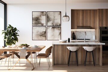 A chic and modern kitchen design featuring contemporary furnishings. The arrangement showcases a blend of photography and handdrawn illustration. - obrazy, fototapety, plakaty