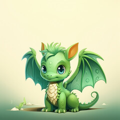 Naklejka premium Cute green cartoon baby dragon with wings and smile on beige background with copy space. Symbol of new year according to oriental lunar calendar. 