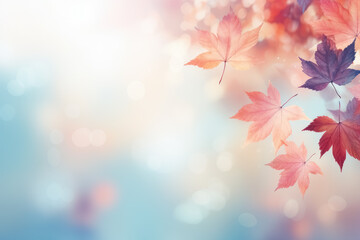 Fototapeta premium Falling autumn multicolored maple foliage on pastel defocused background. Natural backgdrop with bokeh and copy space. 
