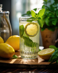 Glass of detox water with slice of lemon and mint on wooden table in bright morning sunlight. Healthy for antiviral, immunity, digestion and reduces weight drink with citrus fruit. 